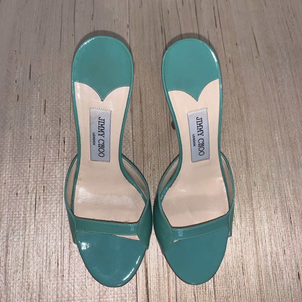 Jimmy Choo Turquoise/Green Patent Leather Sandals Preppy Office Womens 8 EU 38 - Picture 2 of 16